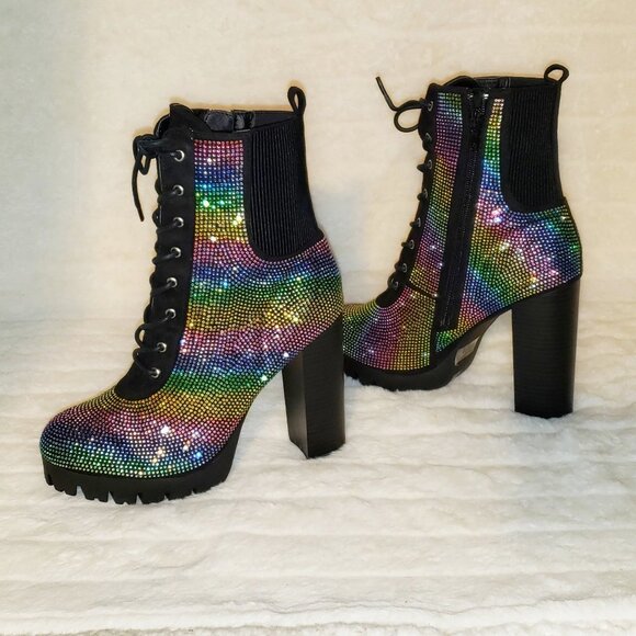 Rainbow Sparkle Rhinestone Chunky High Heel Ankle Boots - Picture 5 of 17